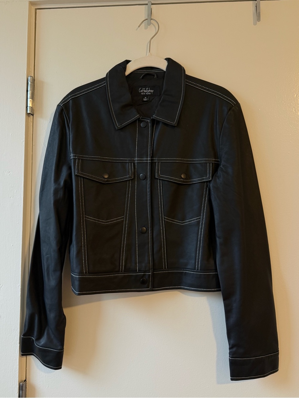 CoffeeShop Black Leather Jacket with White Contrast Stitching